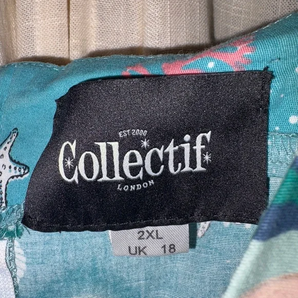 Collectif Blue and Pink mermaid Patterned Dress. fun and flattering. - Picture 3 of 4